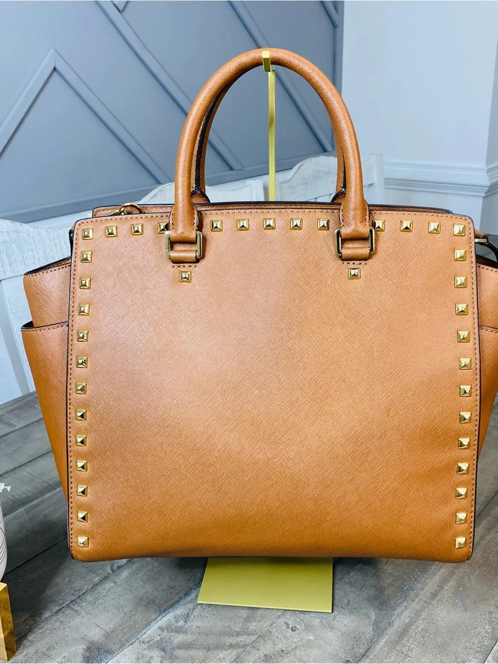 Michael Kors Selma Studded Large Brown Satchel Zip, Gold Hardware, Strap